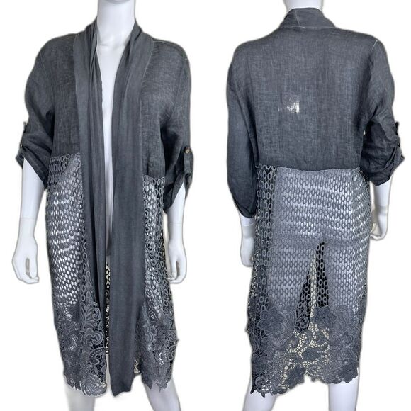 Italy Linen Women Size OS Gray Roll Sleeves Embroidered Cardigan NEW Long Line - Picture 1 of 15